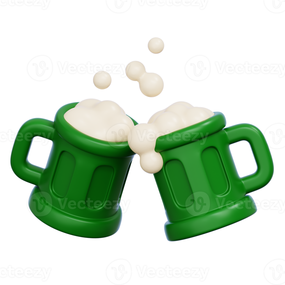 Two mug of green beer with foamy tops isolated. 3D Render illustration in minimal cartoon style. png