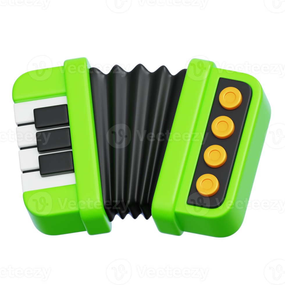 Green accordion isolated. St. Patrick's Day decoration icon. 3D illustration in minimal cartoon style. png