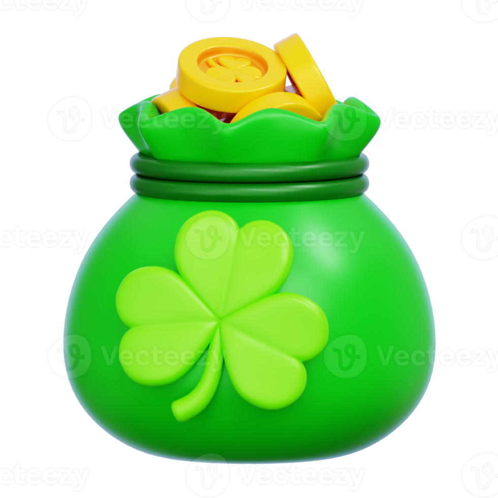 Full money bag of gold coins with clover shamrock for St. Patrick's Day celebrations icon. 3D Render png