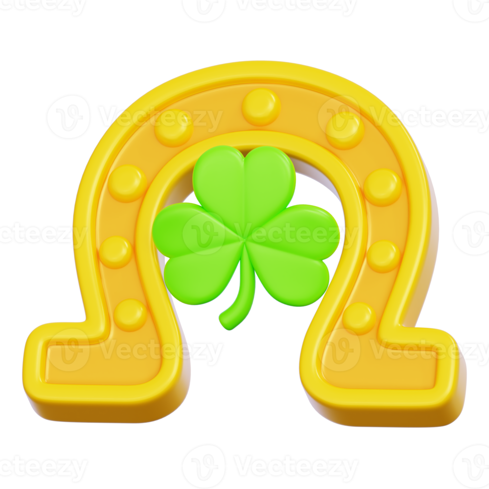 Golden horseshoe with a clover shamrock leaf for St. Patrick's Day celebrations icon. 3D Rendering png