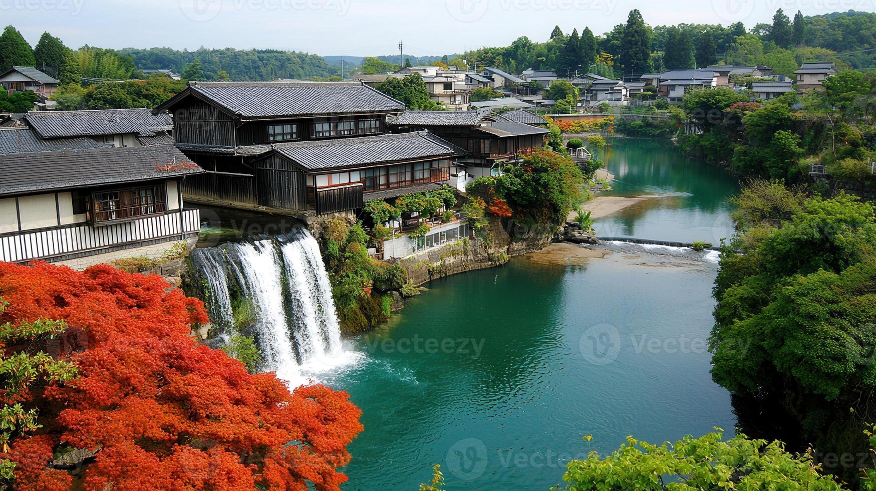 Stunning Autumn Waterfall Landscape Japanese Village with Traditional Houses and Vivid Red Maple photo