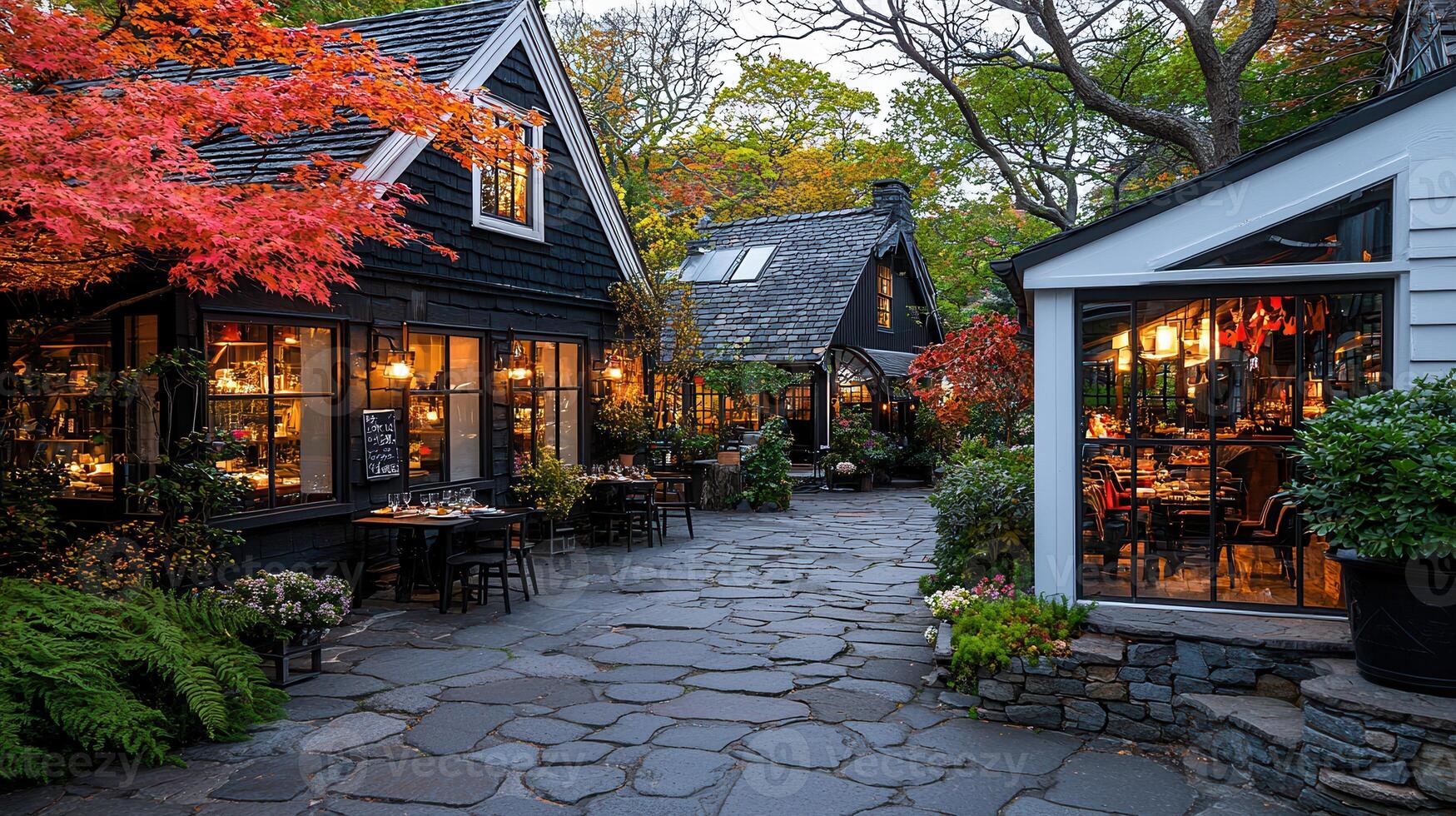 Charming Autumn Evening at Stone paved Courtyard Restaurants with Illuminated Windows photo