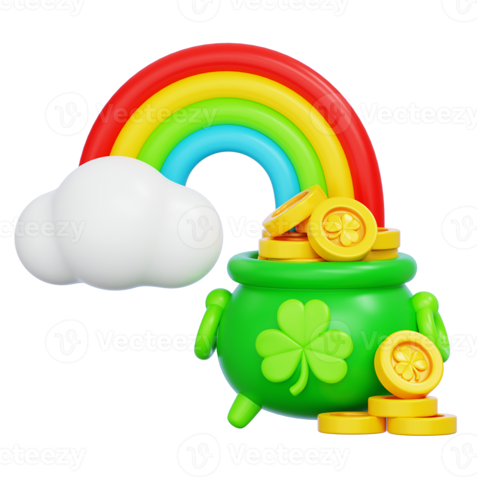 Green cauldron with gold coins and rainbow for St. Patrick's Day celebrations icon. 3D Rendering png