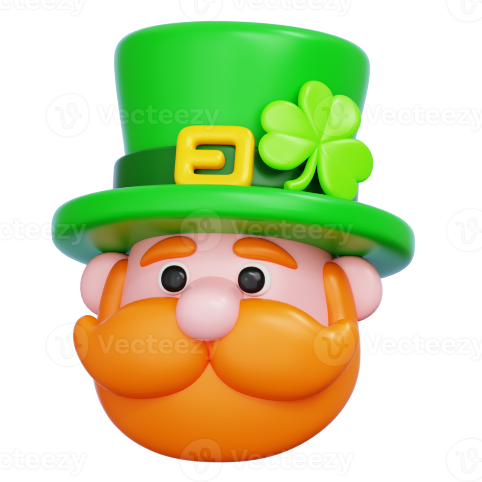 Beard man head of a leprechauns character for St. Patrick's Day celebrations icon. 3D Rendering png
