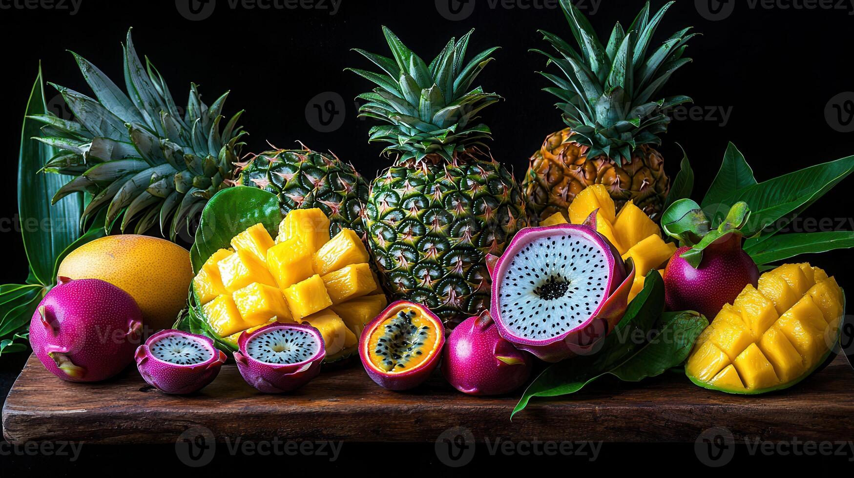 Vibrant Tropical Fruits Pineapples Mangoes Dragon Fruit Passion Fruit Still Life photo