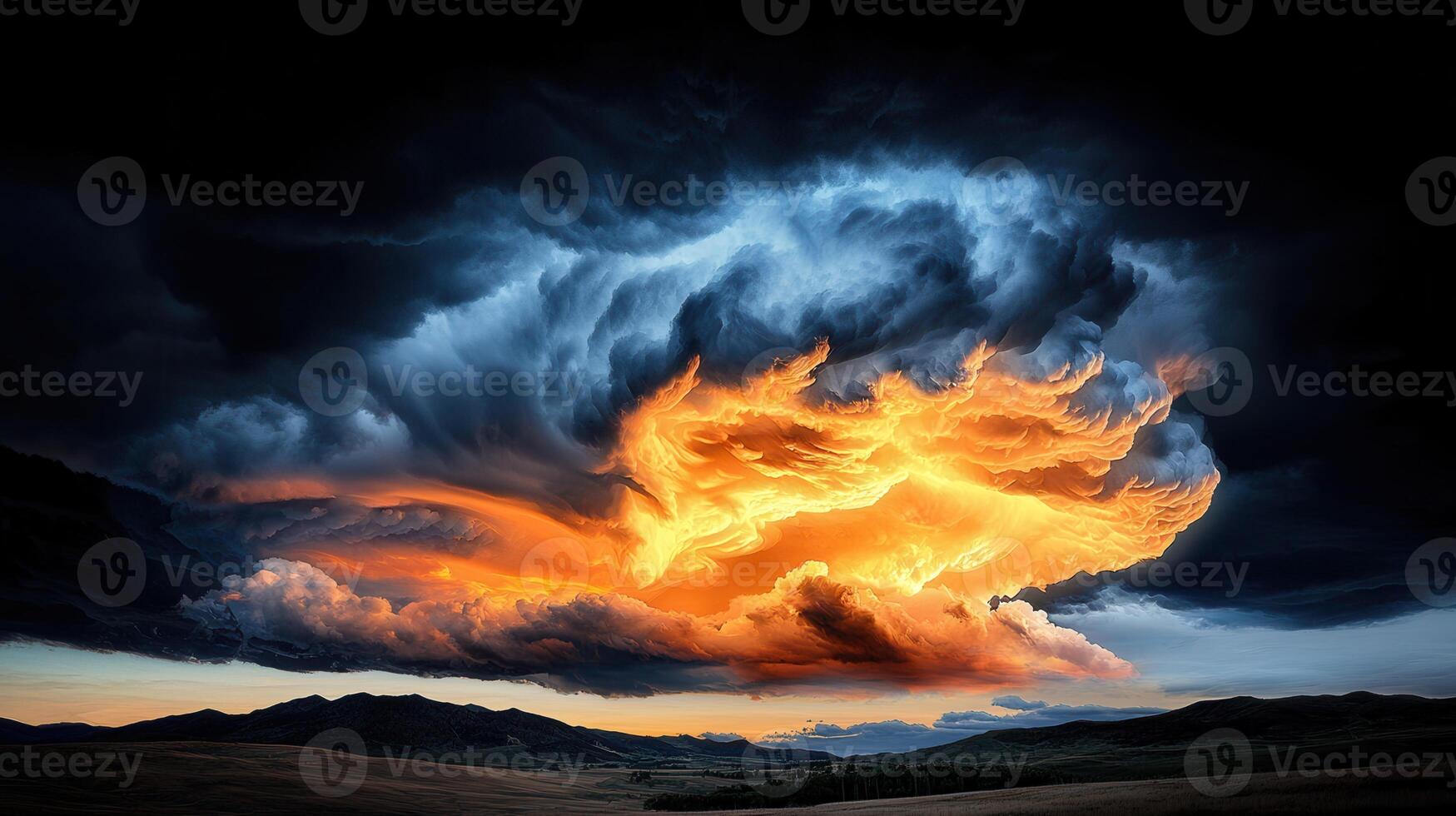 Dramatic Sunset Sky with Fiery Orange and Dark Blue Clouds over Rolling Hills Landscape photo