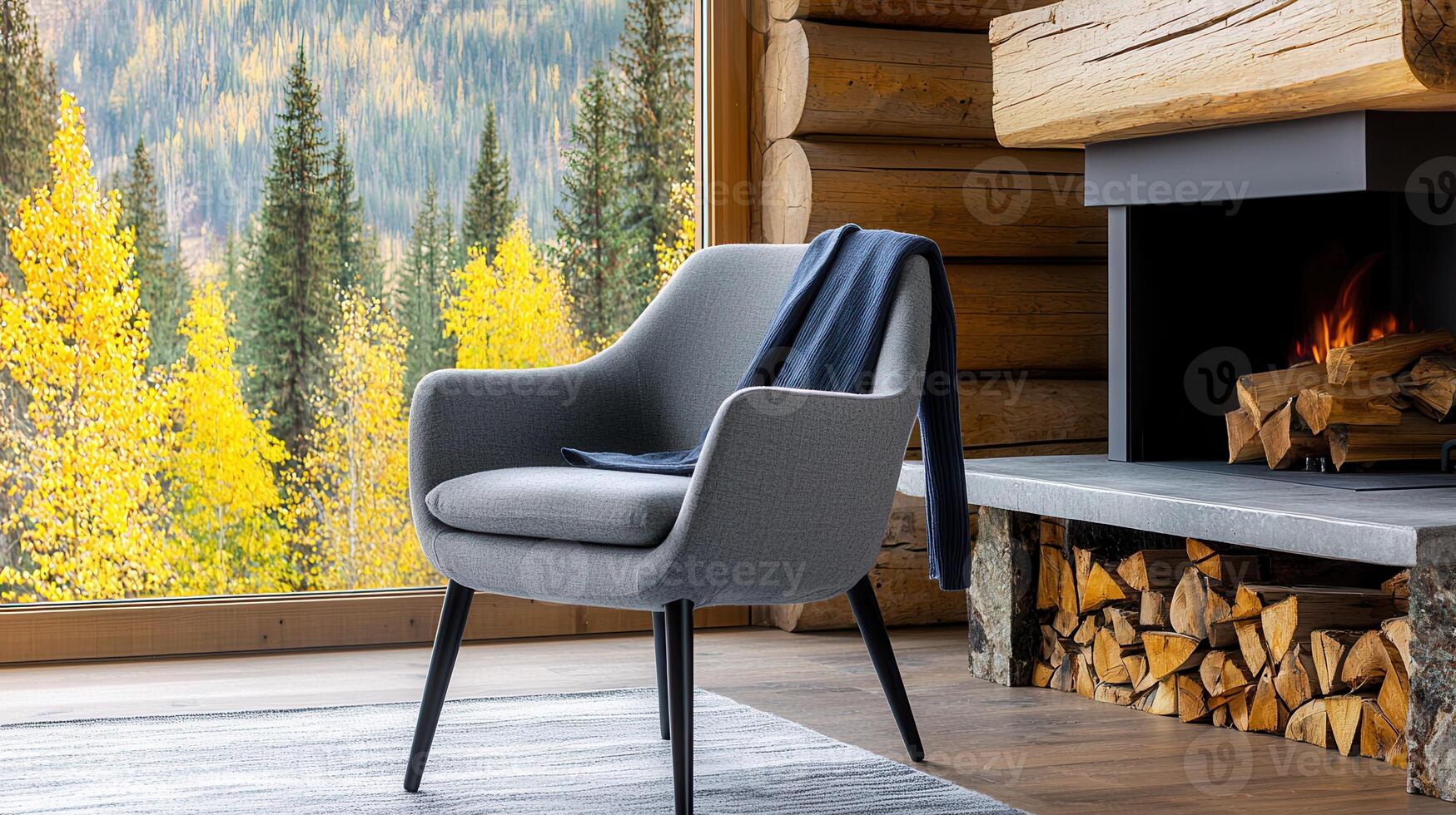 Cozy Modern Armchair by Fireplace in Rustic Cabin with Autumn Mountain View photo