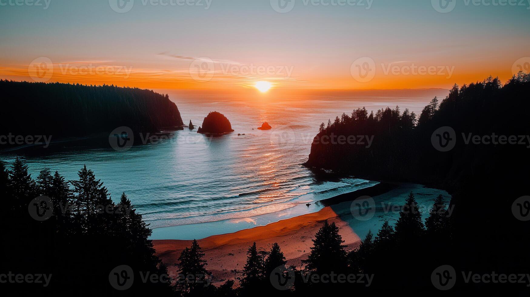 Breathtaking Sunset over Pacific Ocean Coastline with Rocky Headlands and Pine Trees photo