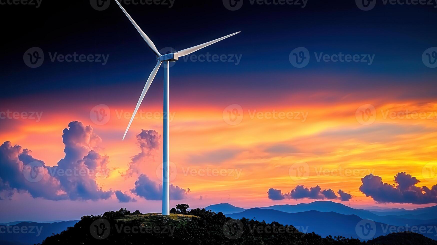 Majestic Wind Turbine at Sunset Mountain Landscape Clean Energy photo