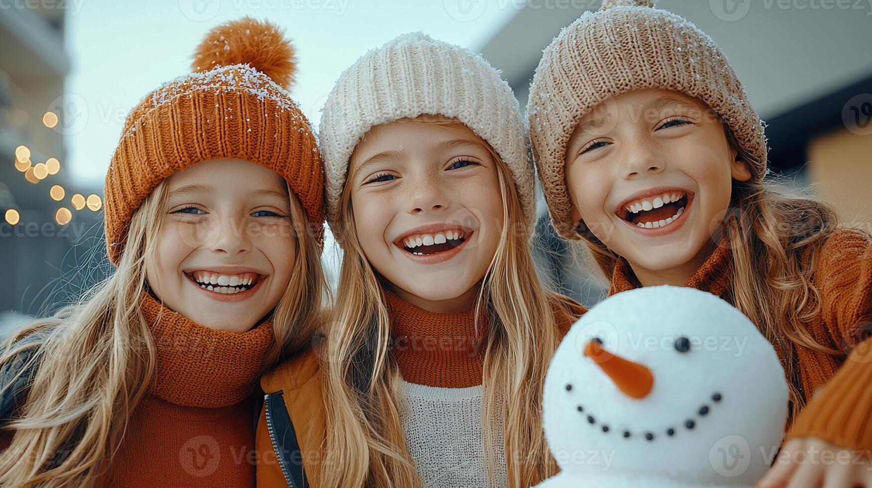 Three Happy Girls in Winter Hats Smiling with Snowman Festive Holiday Scene photo