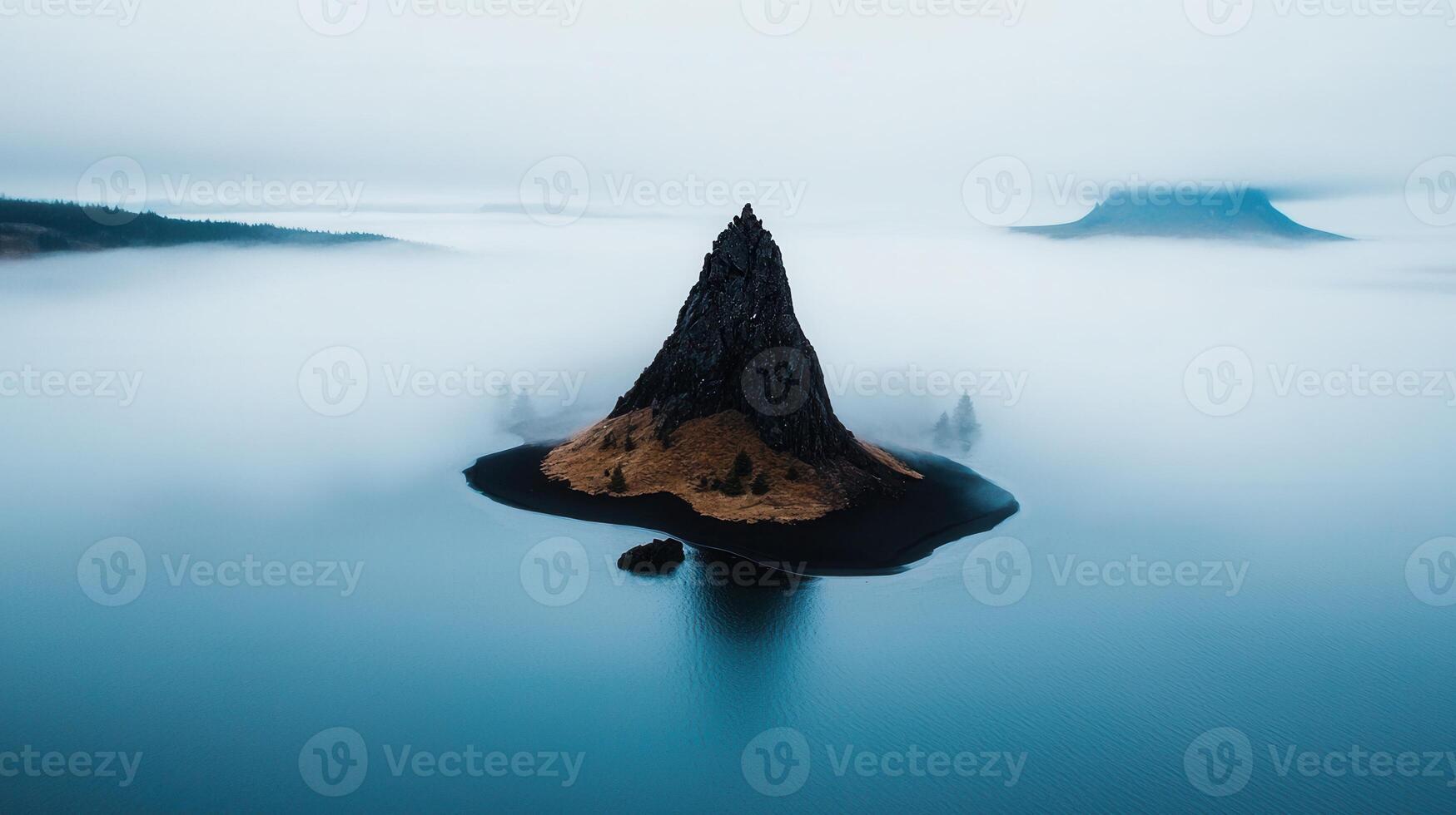 Serene Misty Mountain Peak on a Small Island in a Calm Lake photo