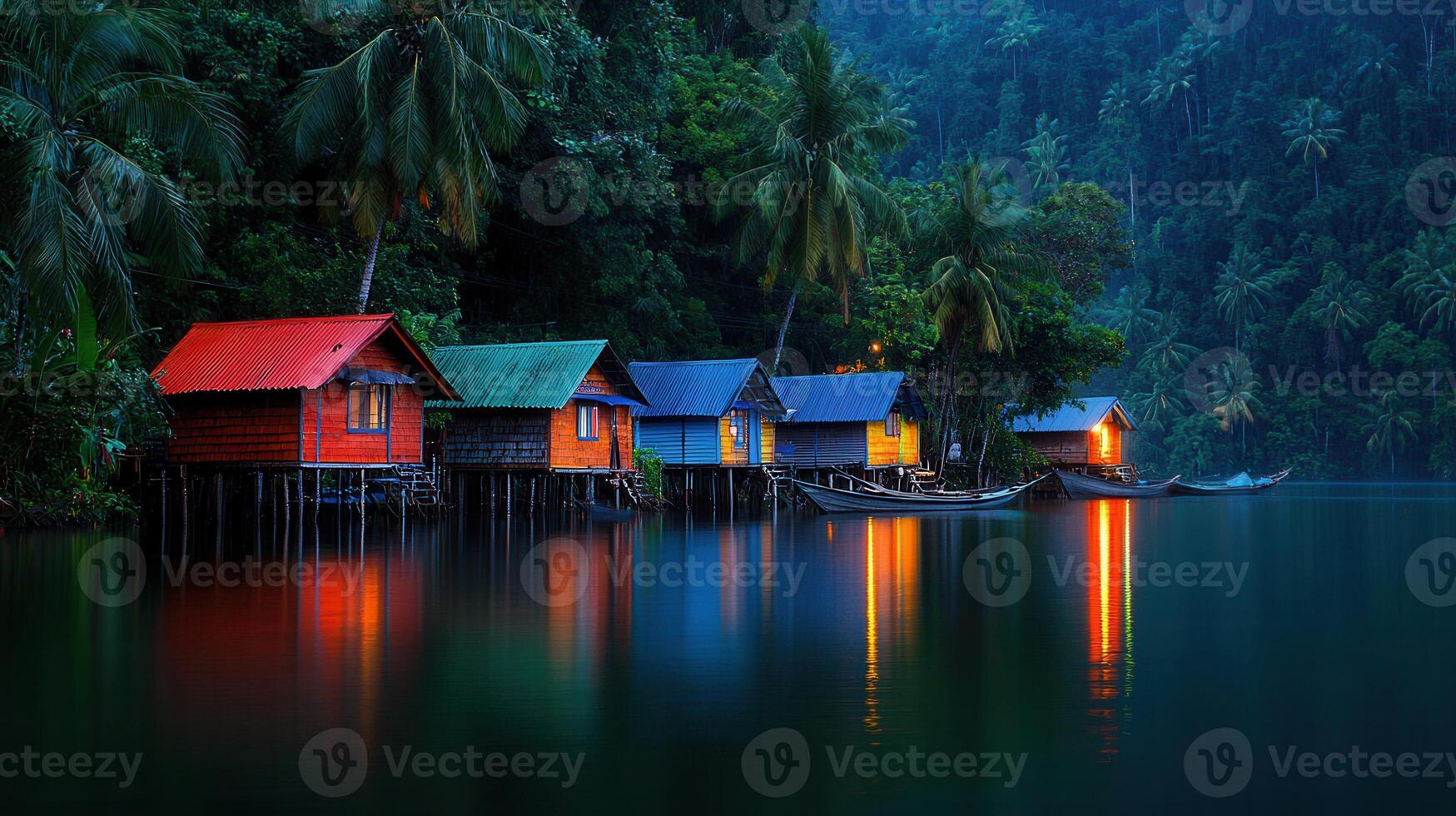 Idyllic Tropical Overwater Bungalows at Dusk Calm Lagoon Vibrant Colors Illuminated Cottages photo