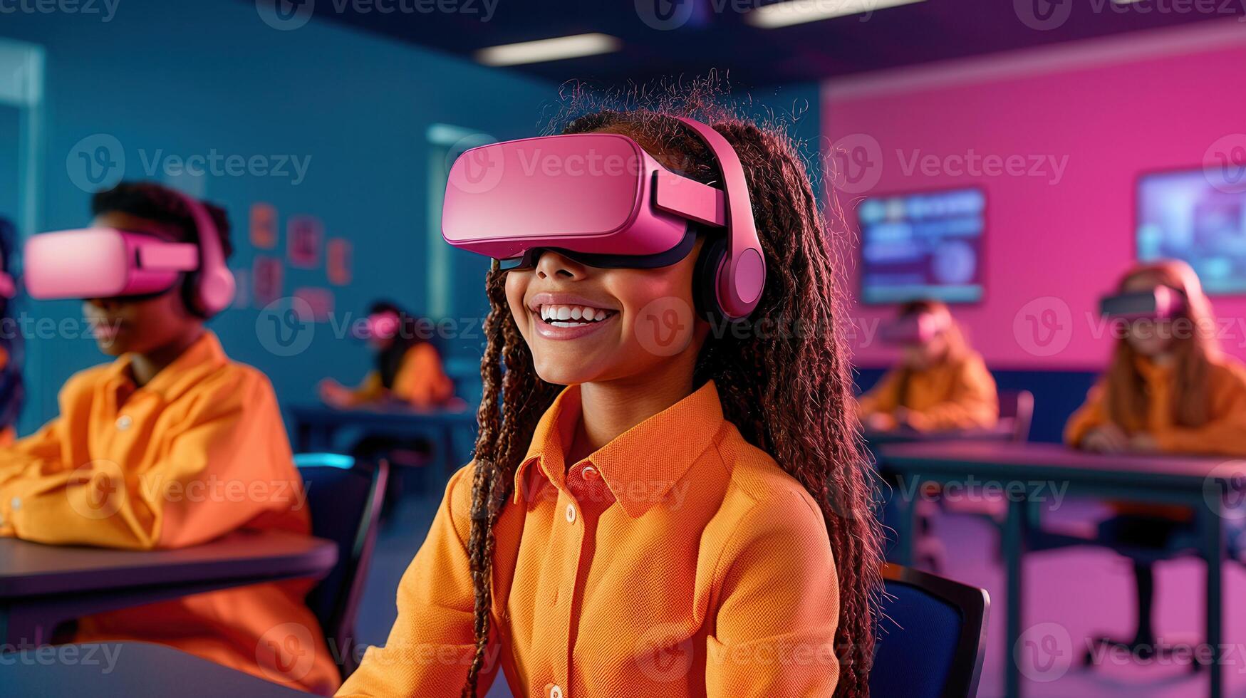 Happy Girl Wearing VR Headset in Classroom Immersive Tech Education Diverse Students photo