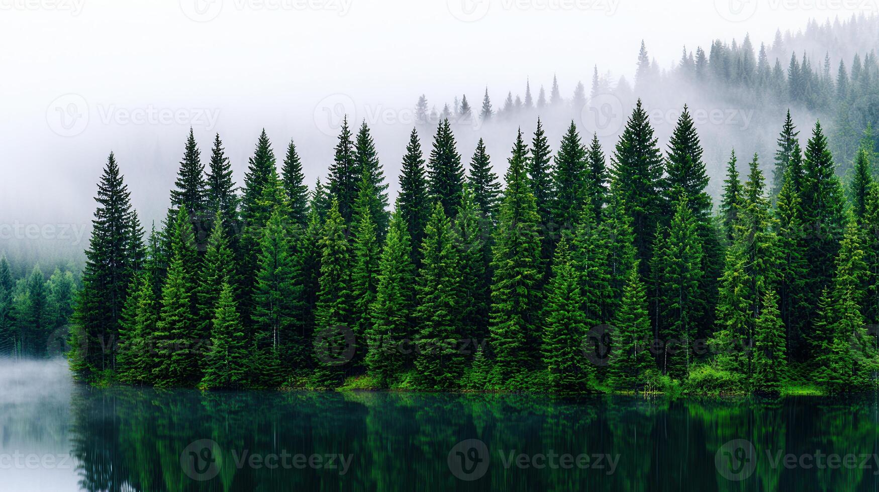 Serene Evergreen Forest Reflecting in Calm Lake Mist photo
