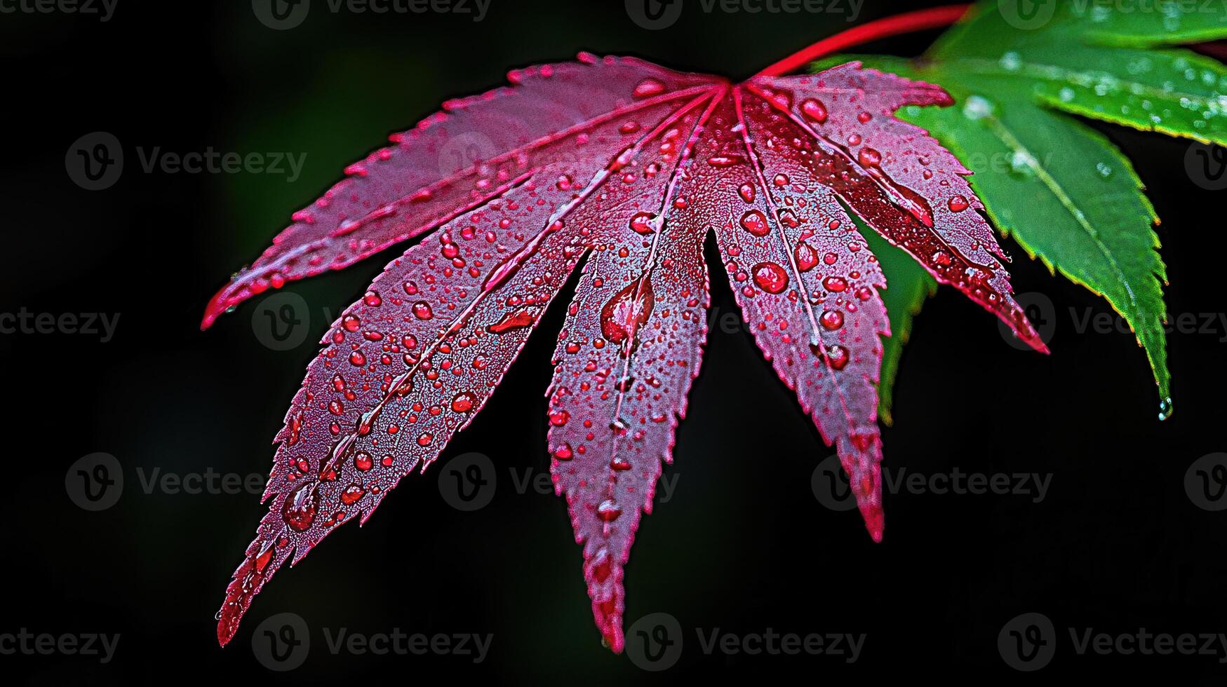 Vibrant Red Japanese Maple Leaf with Dew Drops Autumn Nature Closeup Photography photo
