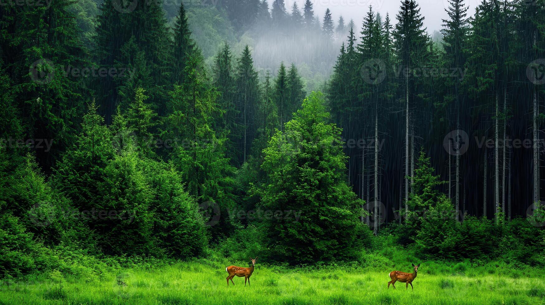 Two Deer in Lush Green Forest Meadow Rain Coniferous Trees photo