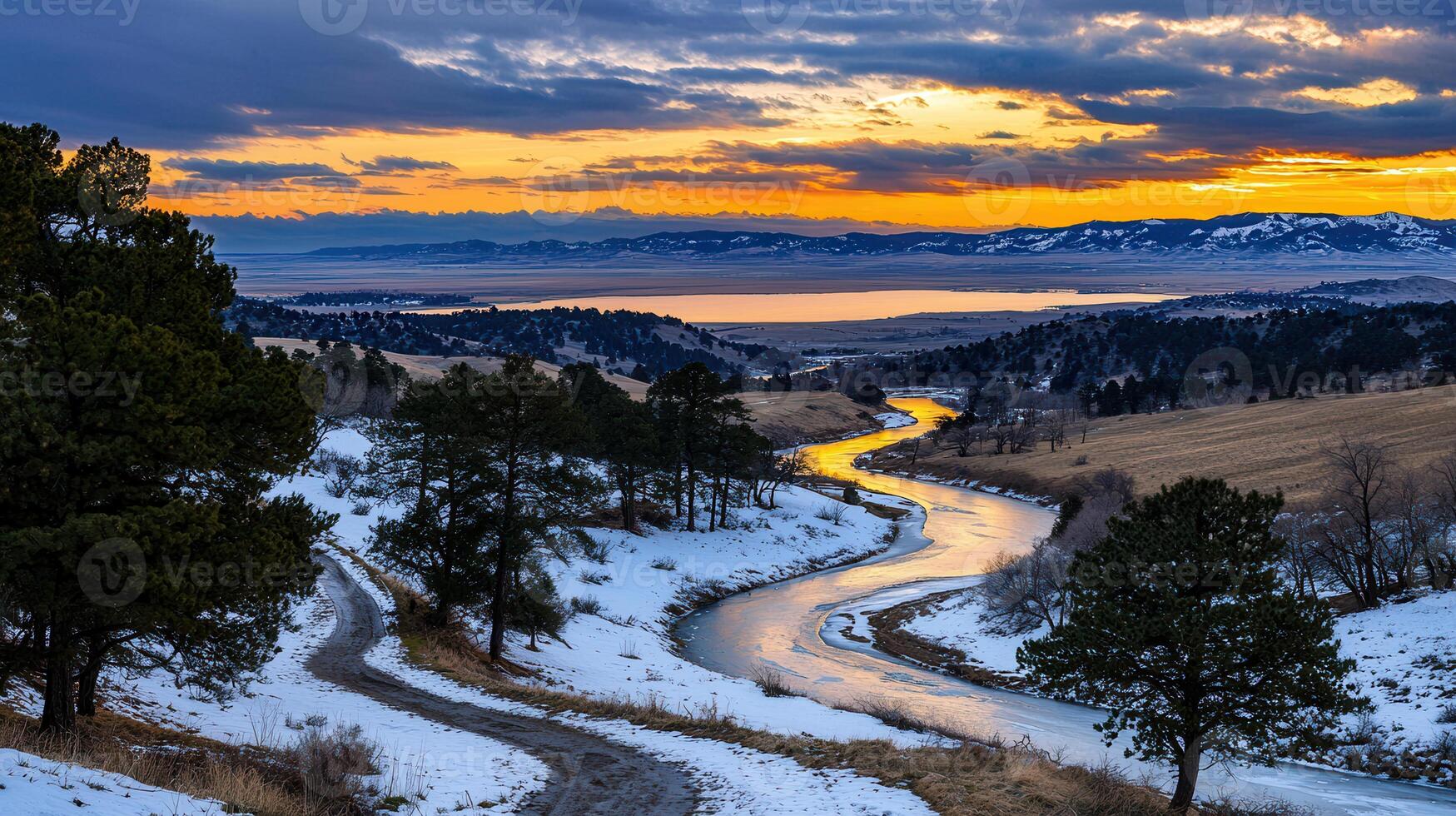 Scenic Winter Sunset over Frozen River Mountain Landscape Snow Covered Pathway photo
