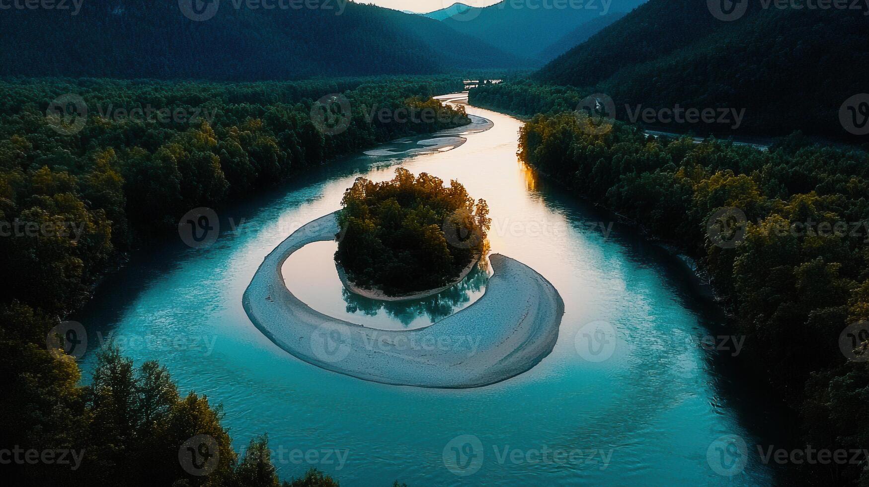 Serene Island River Bend Aerial View of Lush Green Landscape at Sunset photo