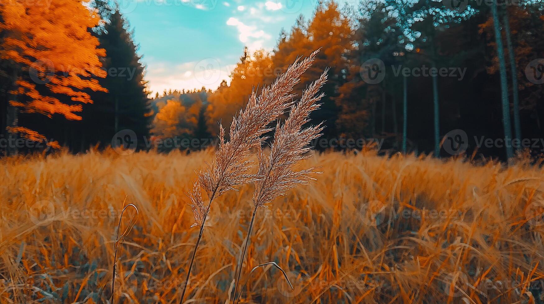 Golden Autumn Meadow Scene Tall Grass Forest Background Sunset Hues photo