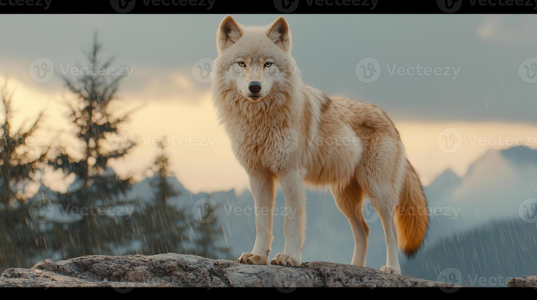 Majestic Light Colored Wolf Standing on Rock in Rain Dramatic Mountain Landscape photo