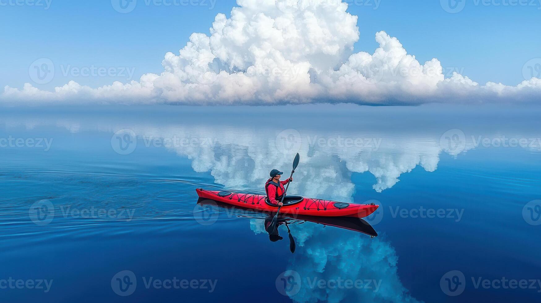 Serene Kayaking Adventure Person Paddling Red Kayak on Calm Ocean Under Dramatic Cloudscape photo