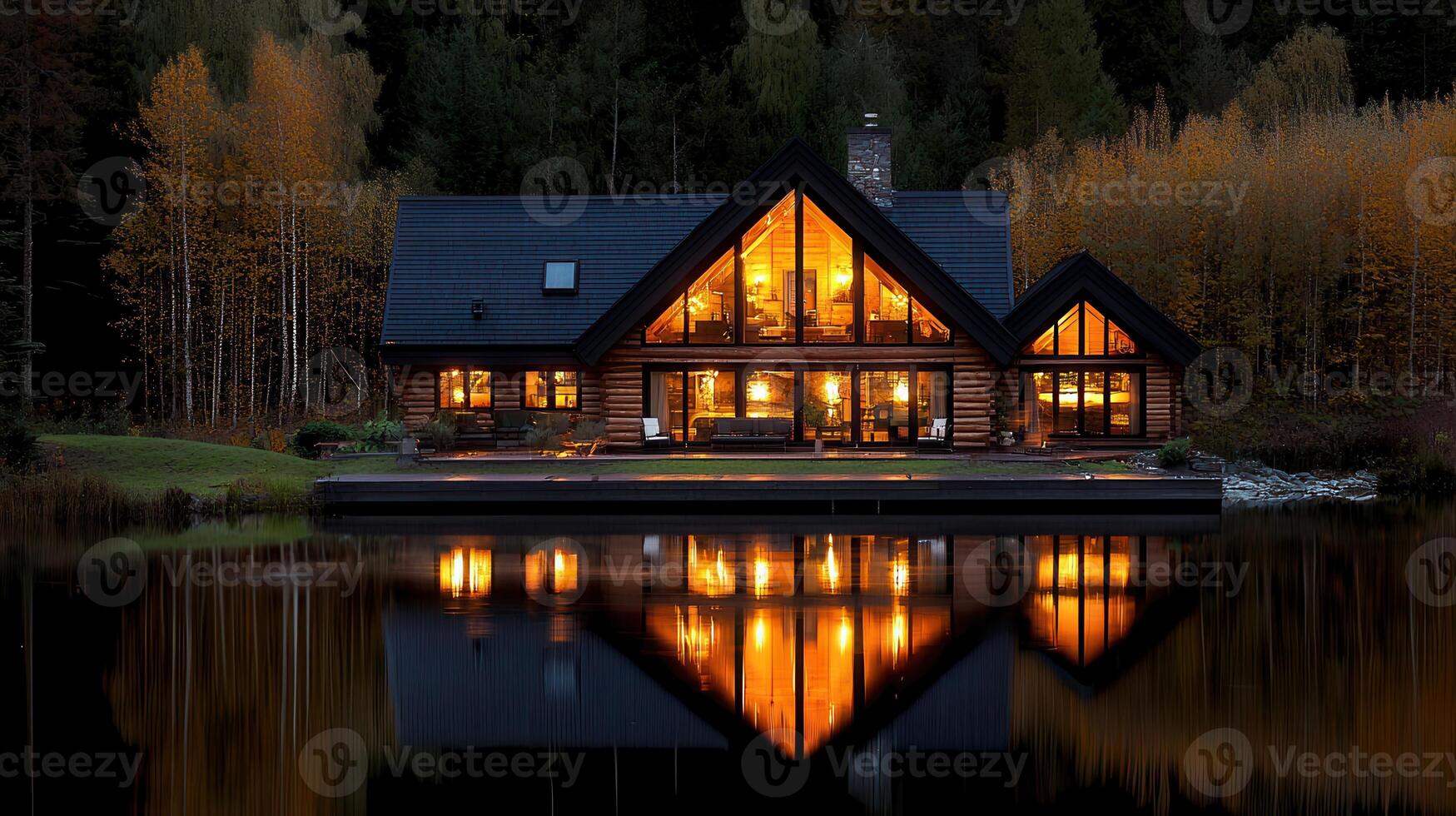 Luxurious Log Cabin Lakeside at Night Autumn Setting Illuminated Windows photo