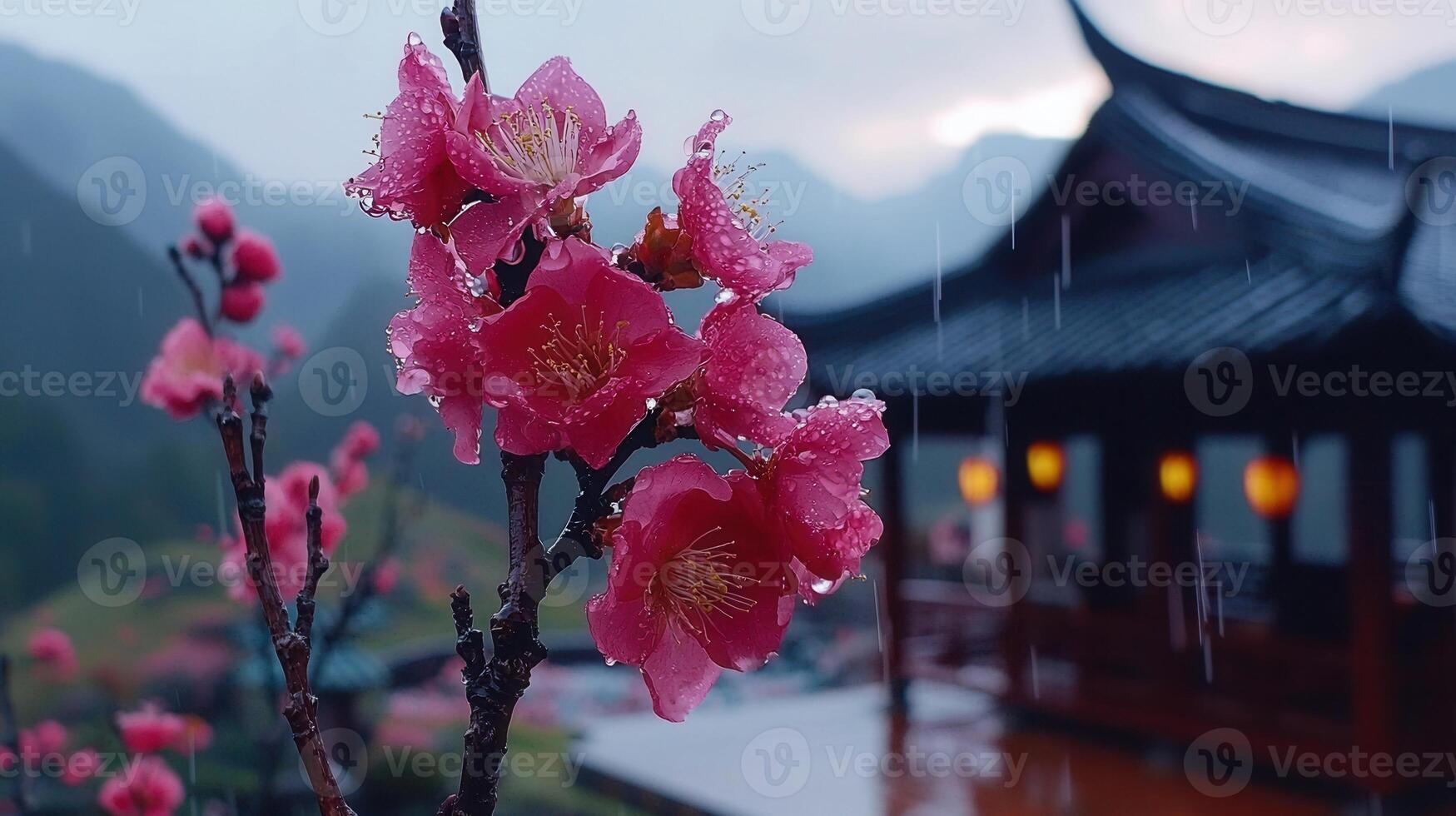 Pink Plum Blossoms in Rain Asian Temple Background Scenic Nature Photography photo