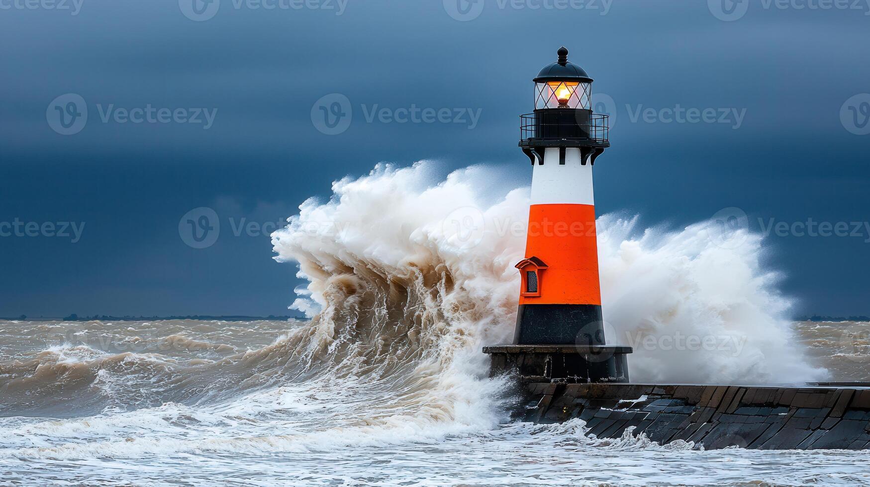 Dramatic Lighthouse with Powerful Waves Crashing During Stormy Seascape photo