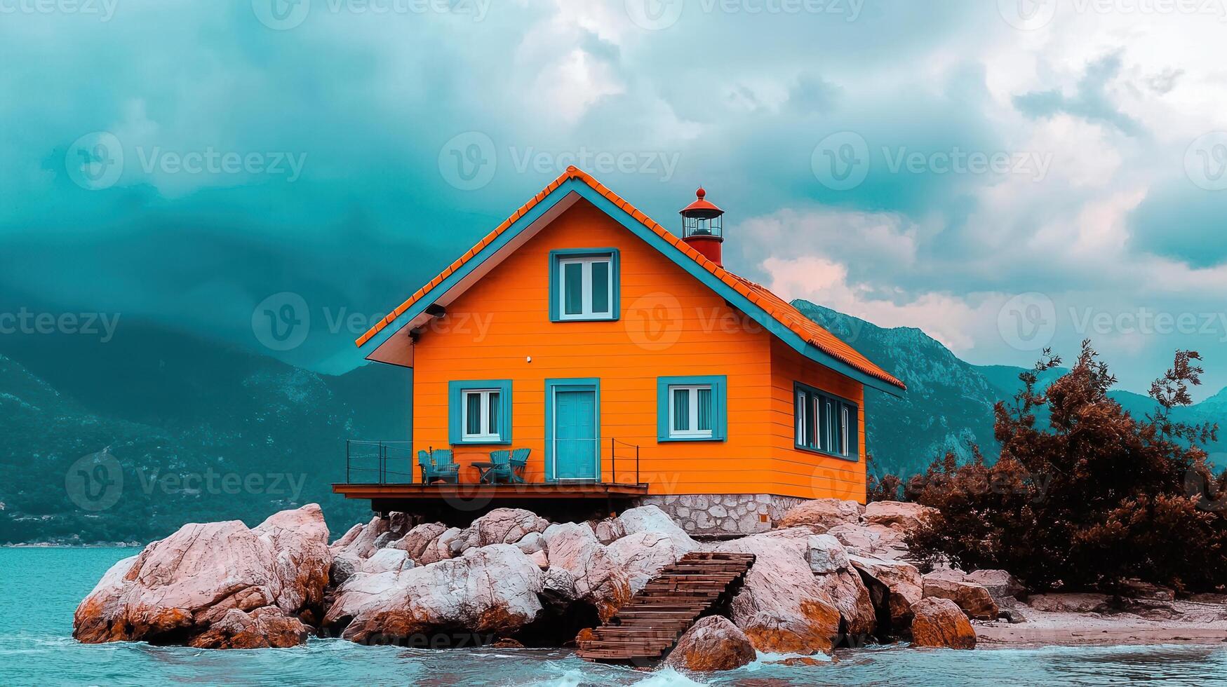 Vibrant Orange Coastal House on Rocky Shore Scenic Mountain View photo