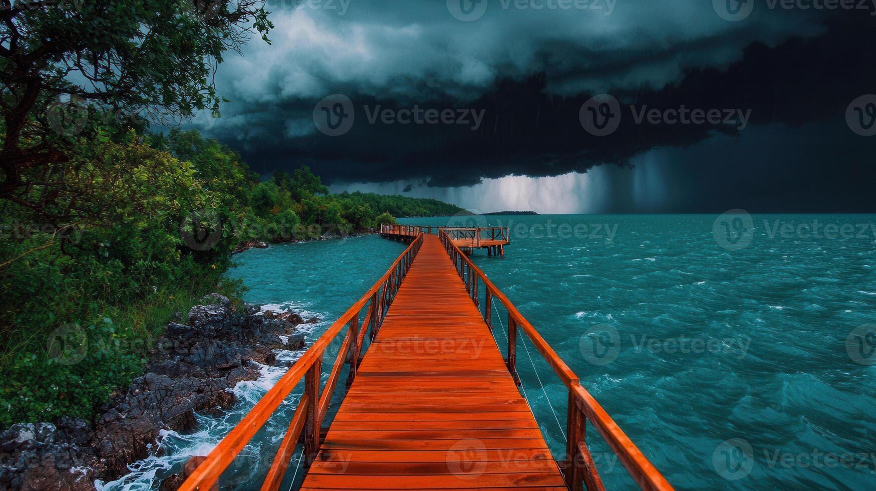 Dramatic Seascape Wooden Pier Extending to Ocean Under a Stormy Sky photo