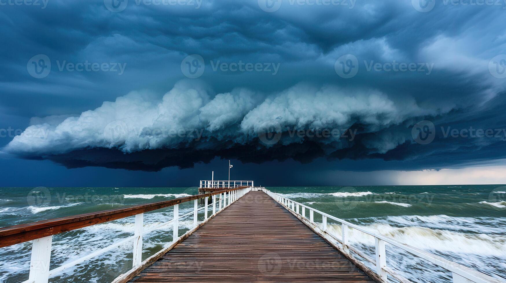 Dramatic Ocean Storm Cloudscape Over Wooden Pier Coastal Seascape Photography photo