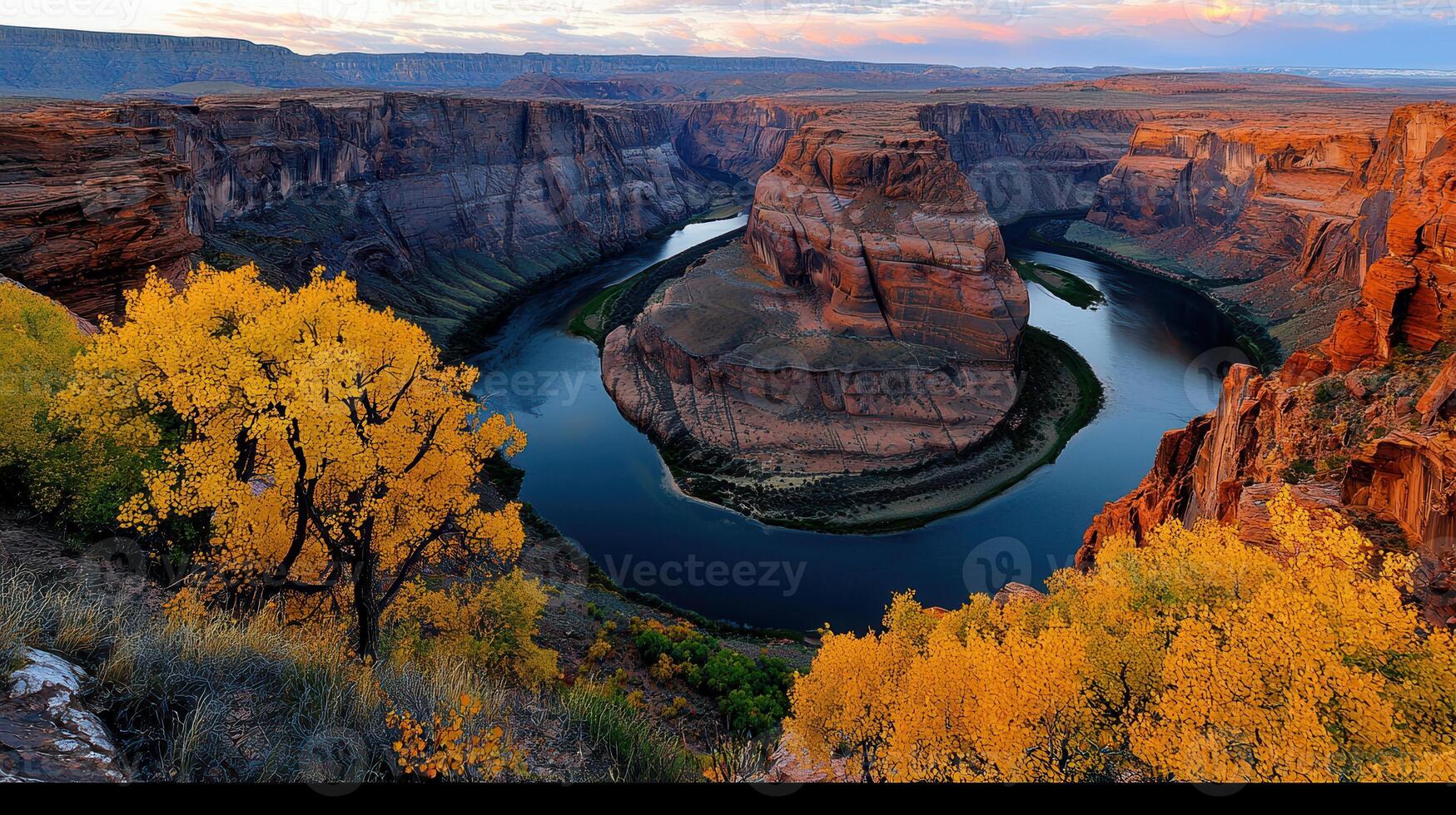 Majestic Horseshoe Bend Canyon River Landscape with Autumn Trees at Sunset photo