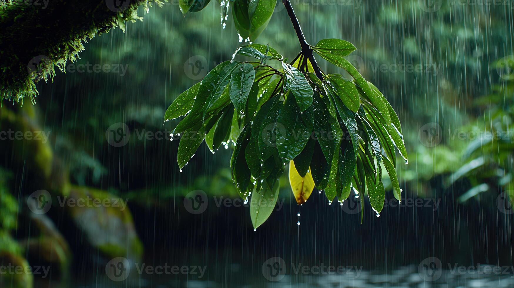 Lush Green Leaves in Heavy Rain Tropical Downpour Nature Scene photo