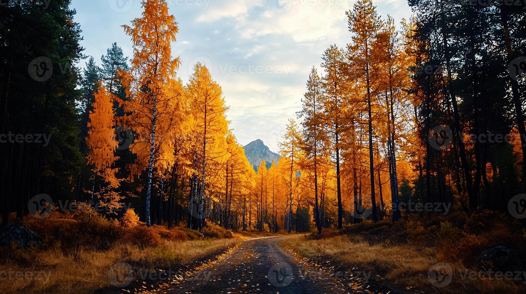 Majestic Autumnal Forest Path with Golden Larch Trees and Mountain View photo