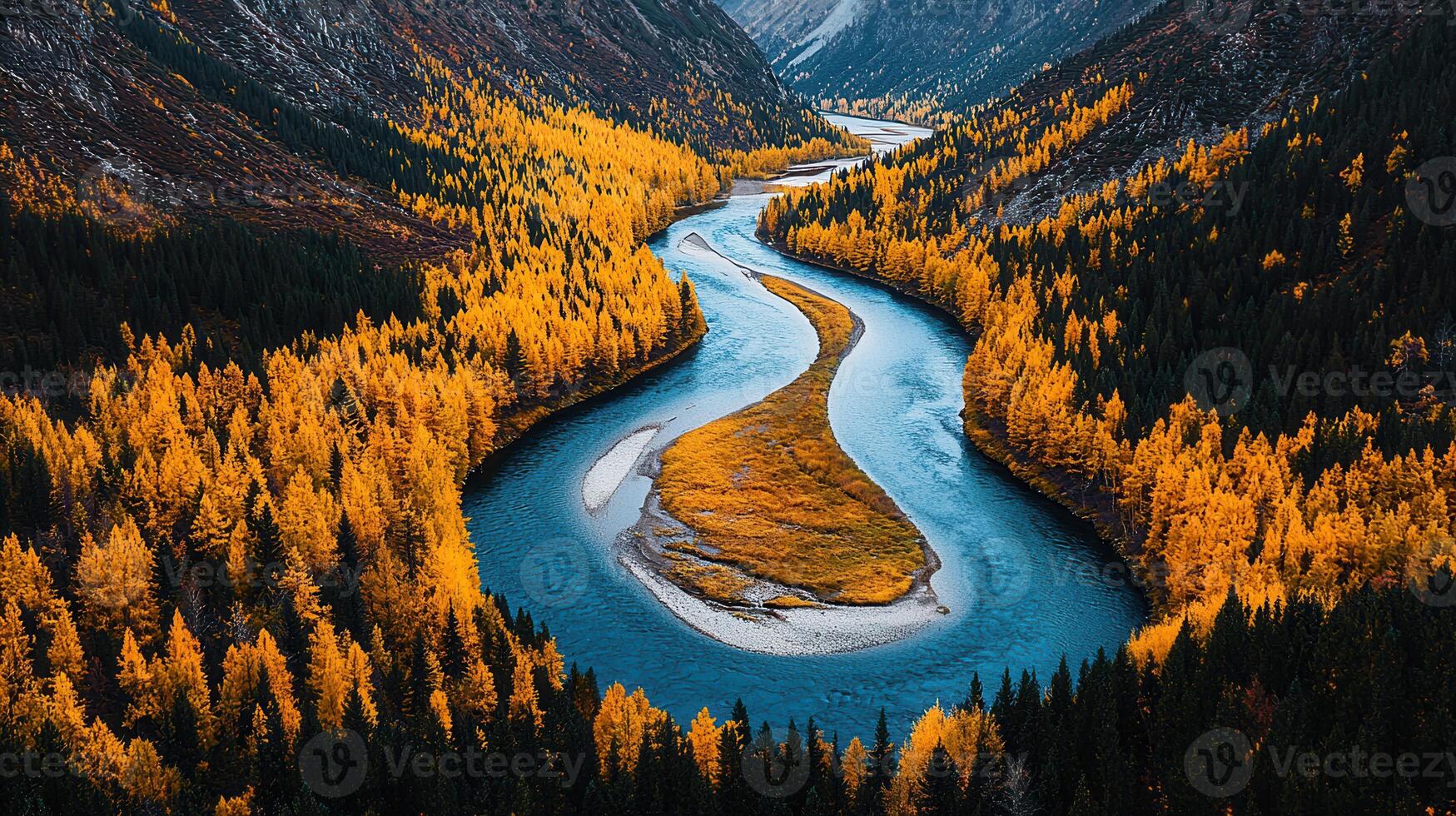 Serene Autumn River Winding Through Golden Larch Forest in Mountain Valley photo