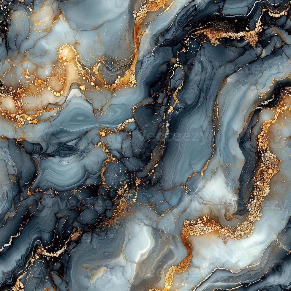 Abstract art marble texture in blue, gold, and black with flowing patterns and shimmery accents photo