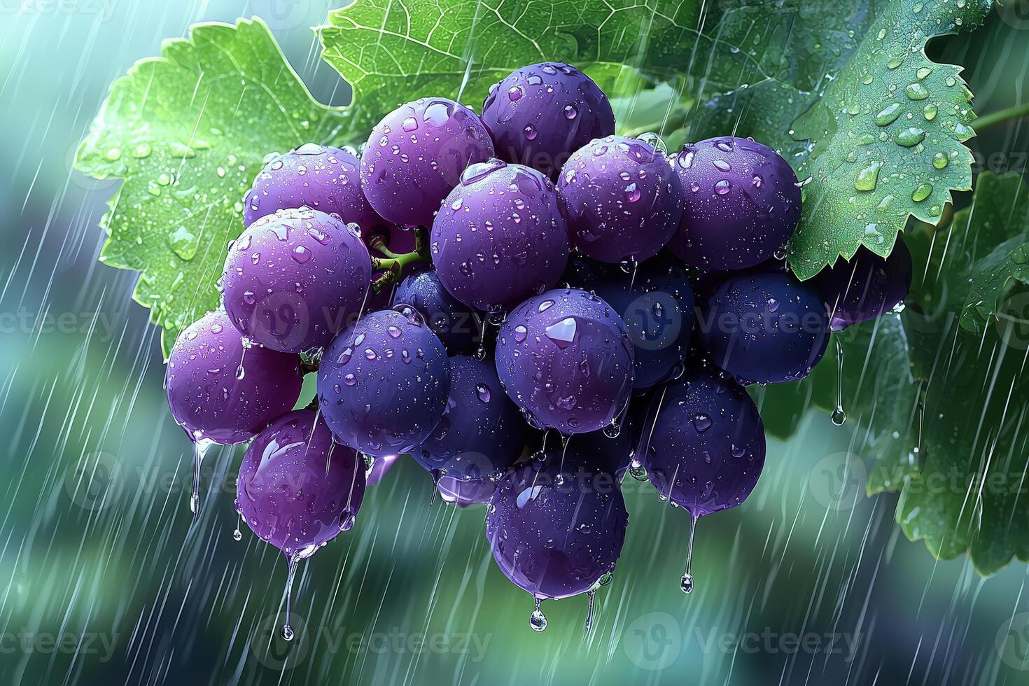 Fresh purple grapes with raindrops on leaves in a beautiful rainy setting photo