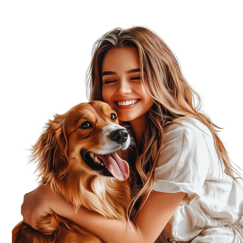 a woman hugging her dog on a transparent background png