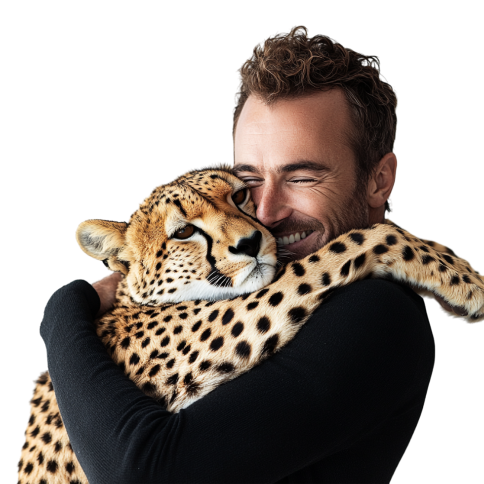 a man is hugging a cheetah on a transparent background png
