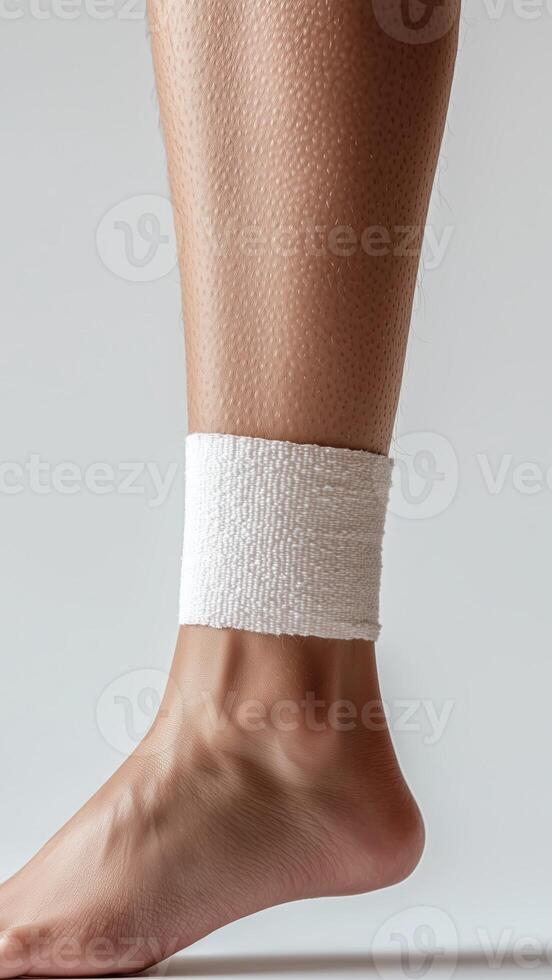 Close-up of a foot with a bandage wrapped around the ankle on a neutral background photo