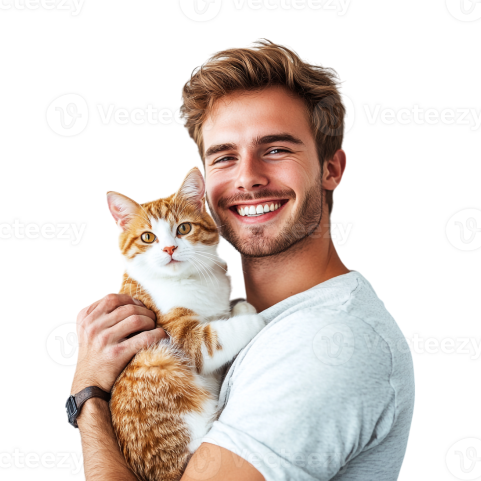 smiling man holding a cat on a transparent background png