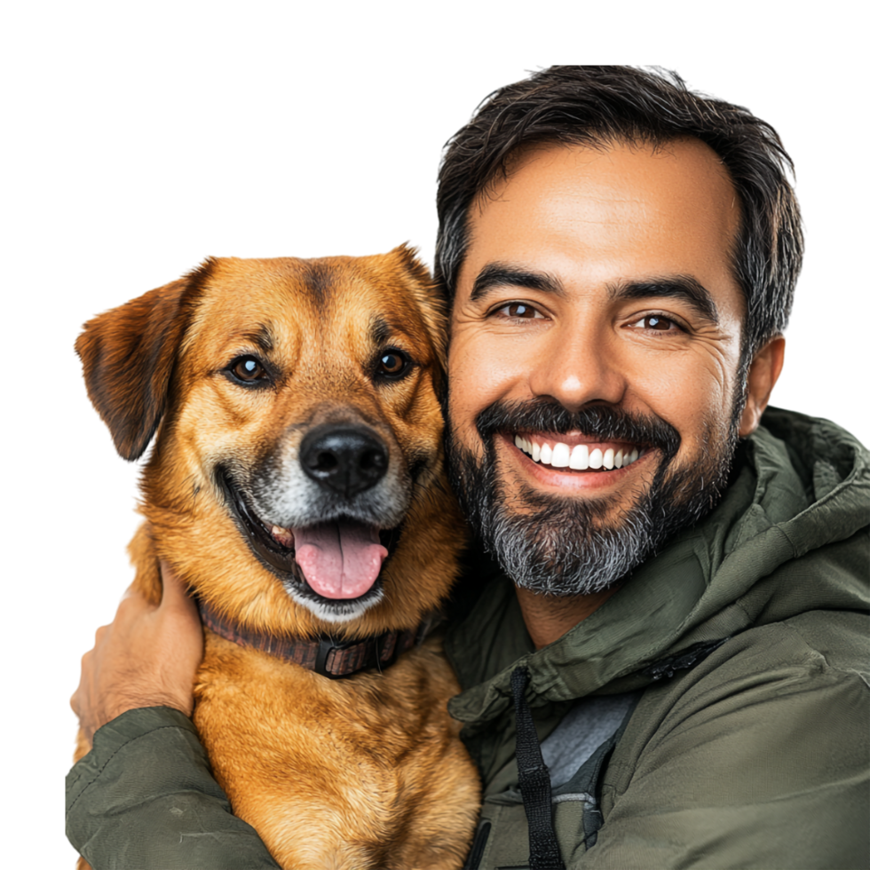 a man with a beard and a dog is smiling png