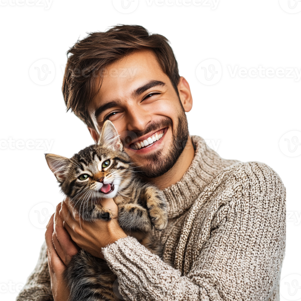 man holding a brown cat and smiling png