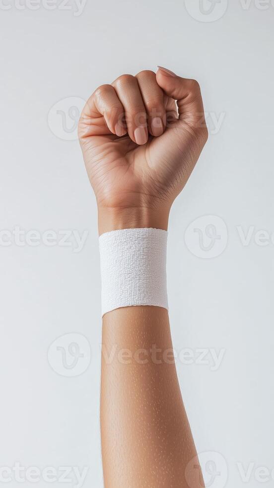 Hand with bandage on wrist raised in fist position against plain background photo
