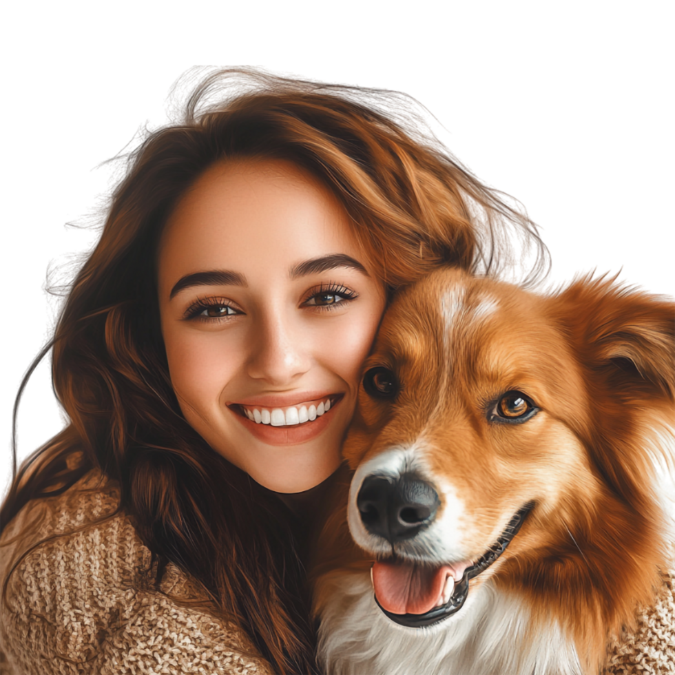 a woman hugging a dog on a transparent background png