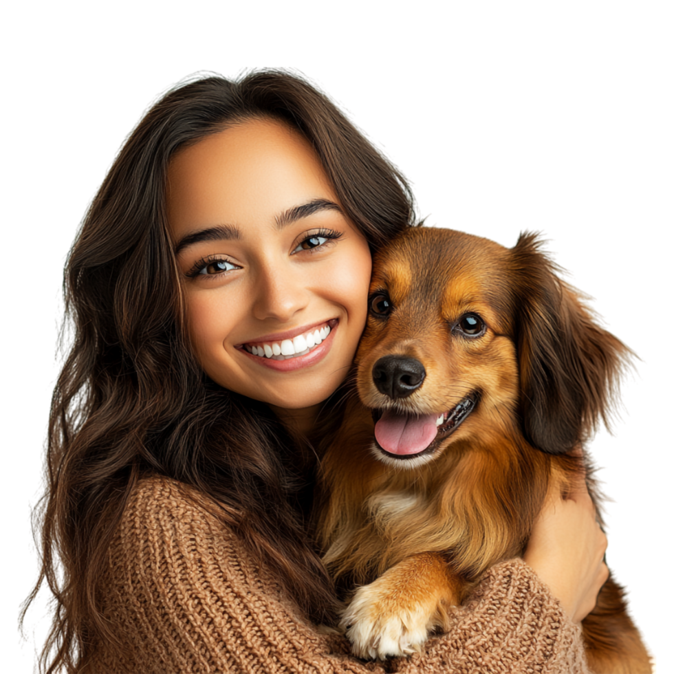 a woman holding a dog on her shoulder png