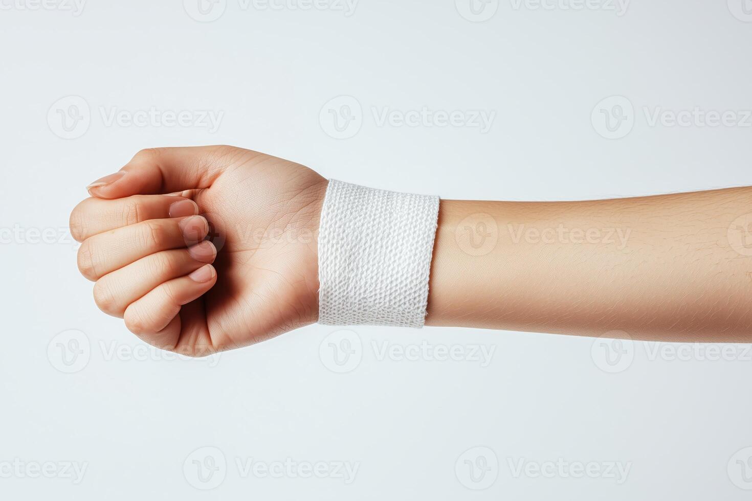 Close-up of a human wrist wrapped with white bandage on a neutral background photo