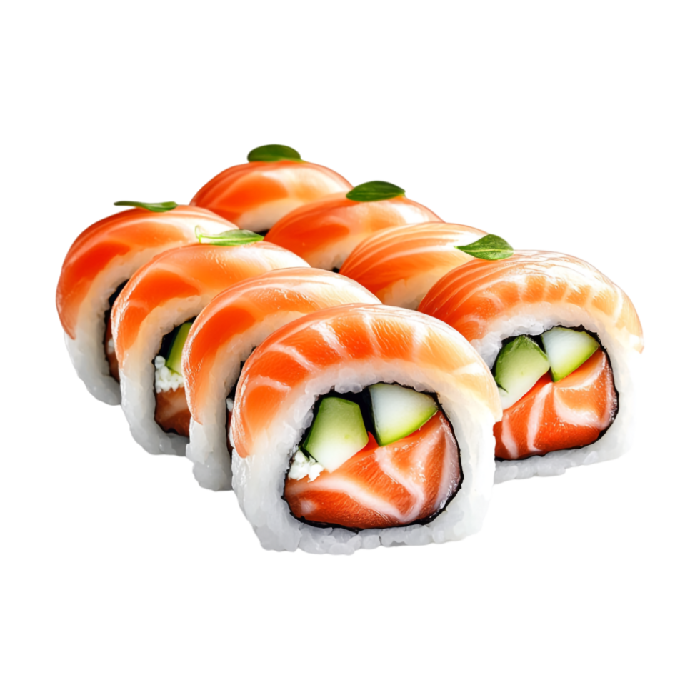 slices sushi roll with salmon and cucumber on transparent background png