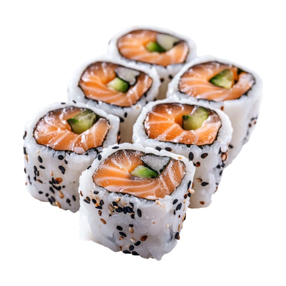 red sushi roll with salmon and cucumber on transparent background png