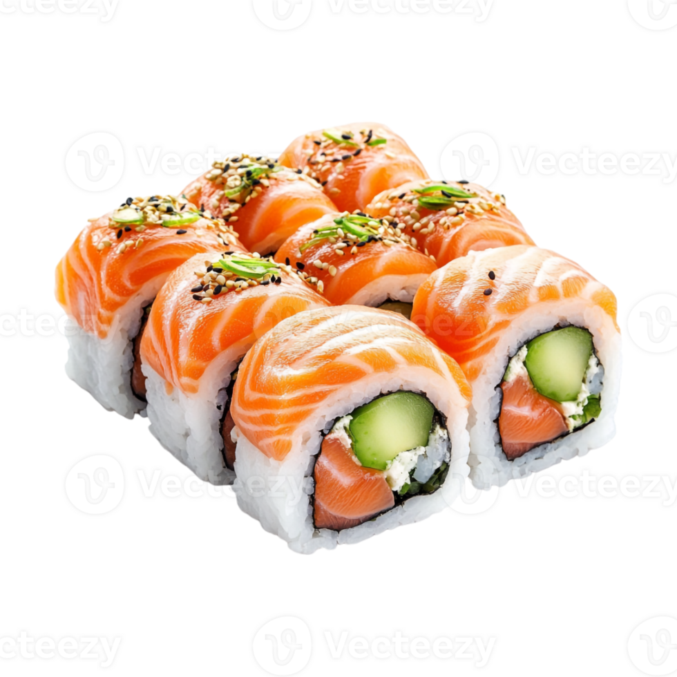 sushi roll with salmon and cucumber on transparent background png